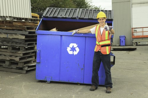 Organised commercial recycling bins for paper, glass, plastic and food waste